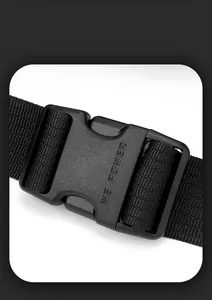Close-up of durable black plastic buckle with logo on high-density nylon strap