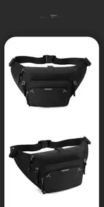 Detail view of the black waterproof nylon waist bag showing zippers and brand label