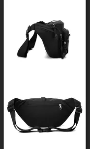 Detail view of multi-pocket black nylon tactical waist bag with adjustable buckle strap