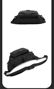 Detail of multi-layer zipper compartments and durable strap on the black waist bag