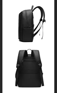 Detailed side and back view of a black business backpack with luggage strap and side pocket