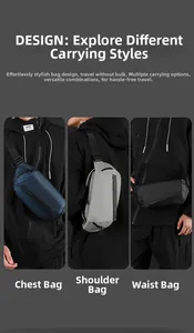 Viste dettagliate del borsello a tracolla in nylon ad alta densità blu, grigio e nero