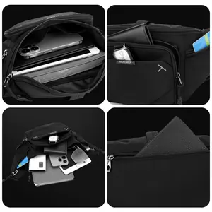 Waterproof black nylon men chest bag with multi-layer storage for tablets and gadgets
