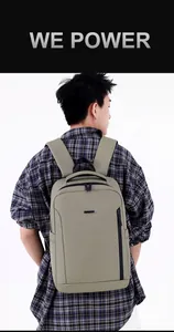 Side view of a light khaki business backpack with black straps and side pocket