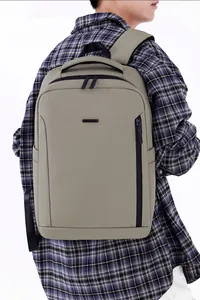 Rear view of a khaki grey business laptop backpack with ergonomic straps and oxford fabric