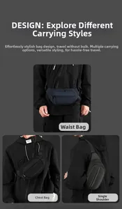 Three-way carry demonstration showing waist bag, chest pack and single shoulder wear styles