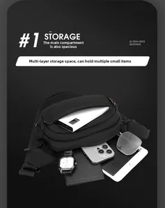 Detail of black crossbody bag with multiple zip compartments showing high storage capacity
