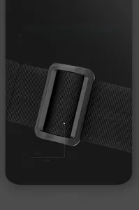 Detail of adjustable high-density nylon shoulder strap with matte plastic buckle