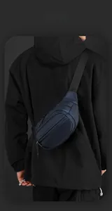 Men's navy blue crossbody chest bag with honeycomb texture fabric and smart storage