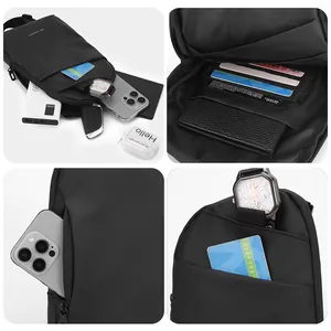 Black minimalist waterproof crossbody chest bag with multiple functional compartments for storage