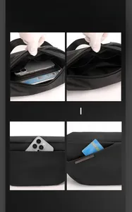 Detailansicht der schwarzen Nylon-Umhängetasche mit vielen Taschen und dem Hauptfach