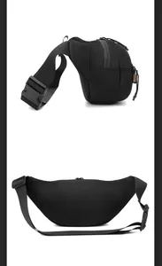 Detail of durable nylon chest bag featuring adjustable side straps and plastic buckles