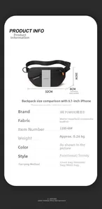 Größentabelle für schwarze Brusttasche mit Maßen und Handy-Größenvergleichsskizze