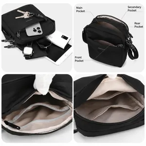Vielseitige schwarze Nylon-Umhängetasche für Damen und Herren mit mehreren Staufächern