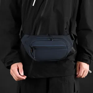 Versatile dark blue outdoor sports fanny pack with multi-layer zipper pockets for men