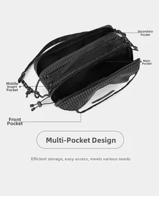 Detailed top view of a black crossbody bag showing main and side zipper compartments