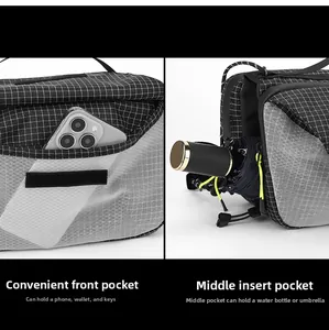 Detailed view of the front and inside storage pockets of this minimalist crossbody bag