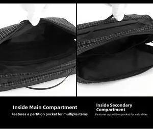 Detail view of the bag internal structure with main pocket and separate compartments
