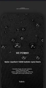 Close-up of waterproof 1680D ballistic nylon fabric with water droplets on black messenger bag