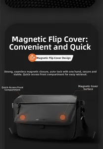 Detail of waterproof messenger bag with magnetic flap design and fast access pocket