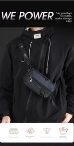 Detail of navy blue waterproof nylon chest bag with functional multi-layer zippers
