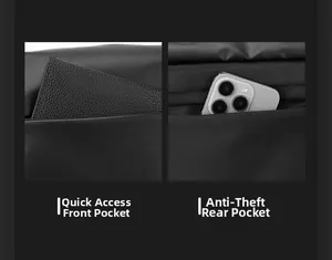 Detail of quick-access front pocket and anti-theft back zip pocket on black techwear bag