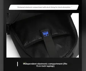 Detail view of thickened 15.6 inch laptop compartment with soft plush lining and logo