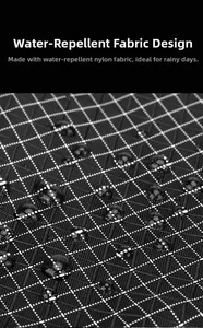Macro shot of black water-resistant nylon fabric with white grid texture and water droplets