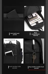 Detail view of black commuter backpack with anti-theft back pocket and reflective key hook