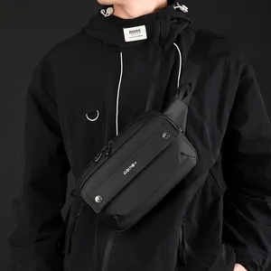 Waterproof black nylon crossbody chest bag for men with minimalist square design and logo