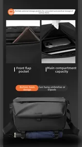 Detail view of black functional messenger bag showing external pockets and storage capacity