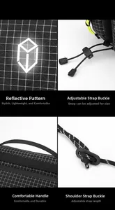 Detail view of reflective patterns and adjustable buckles on a black commuter crossbody bag
