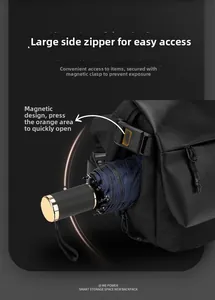Detail of men's messenger bag showing quick-release magnetic buckle and side pocket storage