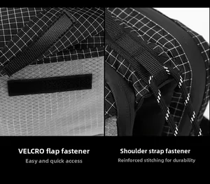 Detail of grid nylon fabric with velcro closure and reinforced stitching on crossbody bag
