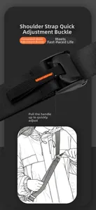 Detail of quick-adjust shoulder strap buckle with orange stitching on a messenger bag