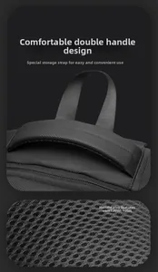 Detail of comfortable dual handle design and breathable honeycomb mesh on black backpack