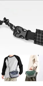 Detail of adjustable detachable rope strap with buckle on minimalist crossbody bag