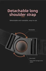 Detail of detachable nylon strap with quick-release buckle and orange release button