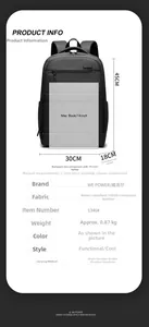 Detailed spec chart of black laptop backpack with dimensions 45x30x18cm and waterproof 1680D fabric