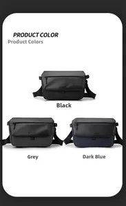 Three men's waterproof crossbody bags in black, grey, and blue with adjustable straps
