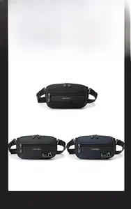 Waterproof nylon waist bags shown in black, grey and navy blue with durable zipper details