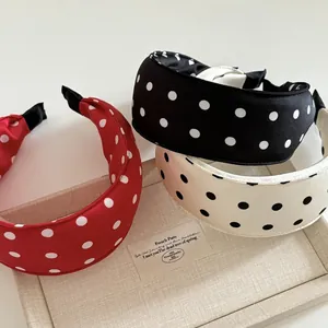 French Vintage Polka Dot Padded Sponge Headband For Women Wide Satin Fabric High Cranial Top Hair Hoop Fashion Headwear Accessory