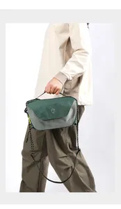 Detail of green and grey plaid crossbody bag with yellow cords on white background
