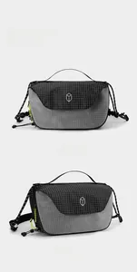 Detail of crossbody bag showing front and side views with ripstop texture and yellow zippers