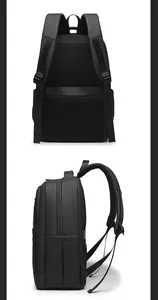 Detail of breathable mesh back panel and padded straps on black business travel backpack