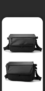 Close-up of waterproof matte fabric and WE POWER logo on a black tactical sling bag