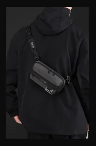 Rear view of a stylish grey nylon tactical chest bag with adjustable logo strap