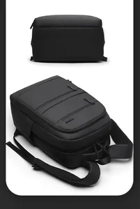 Detail view of water-resistant black business backpack with breathable shoulder straps