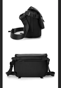 Detail view of black functional messenger bag with waterproof coating and adjustable strap