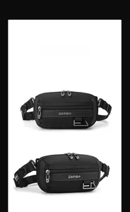 Detailed views of a black waterproof nylon waist bag with adjustable straps and zippers